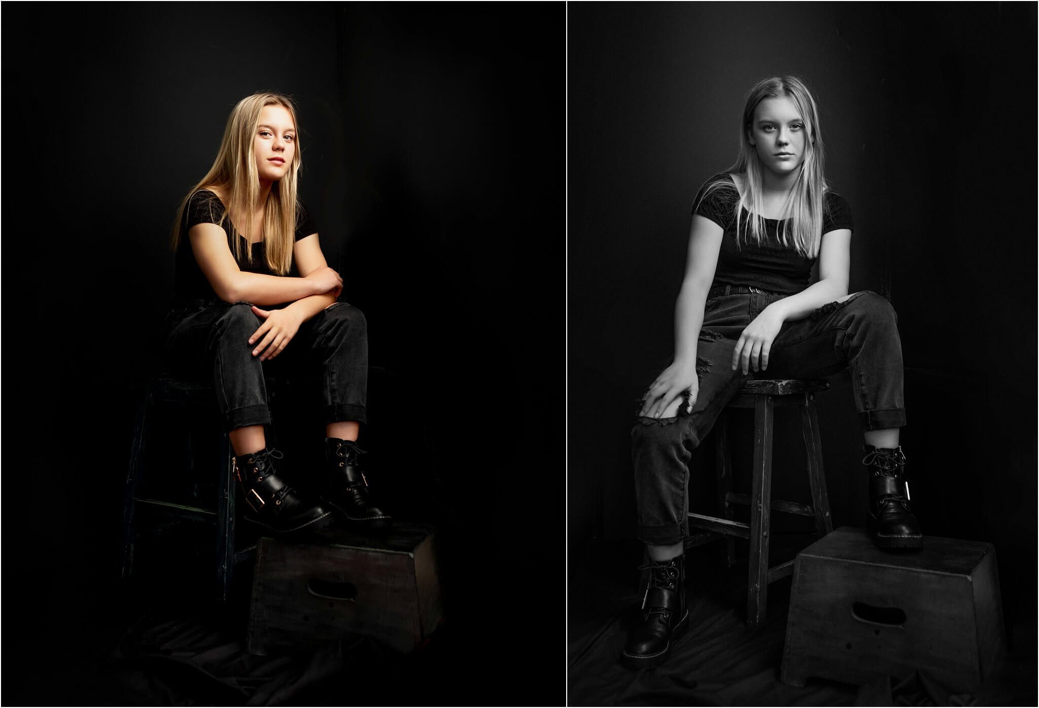 moody teenager sitting on stool