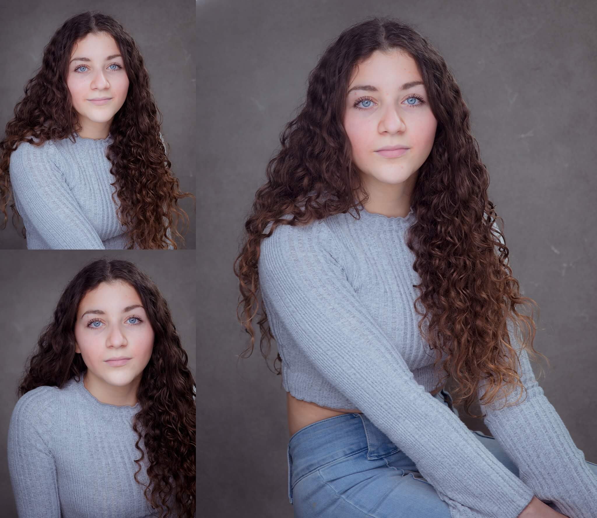 beautiful teenager curly hair grey jumper audition photos